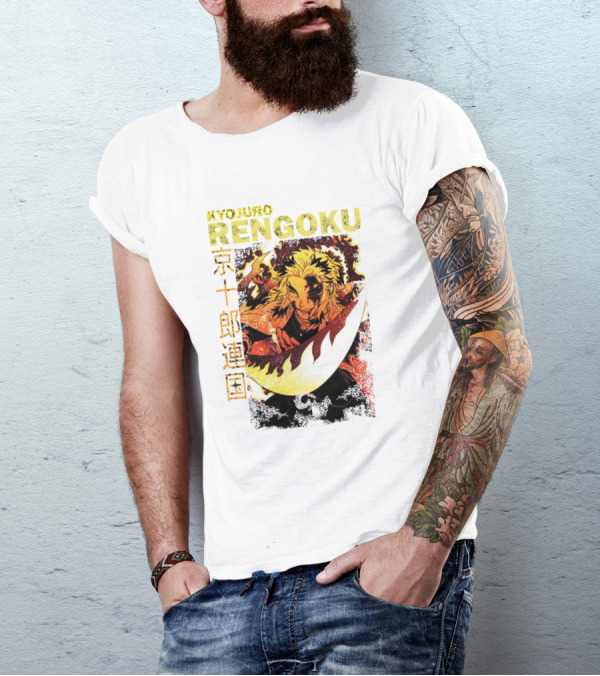 Kyojuro Rengoku Fiery Sword Action Kanji Character T-Shirt