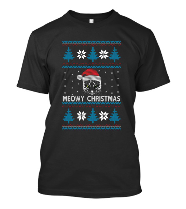 Meowy Christmas Ugly Sweater Cat Santa Hat Snowflakes Trees T-Shirt