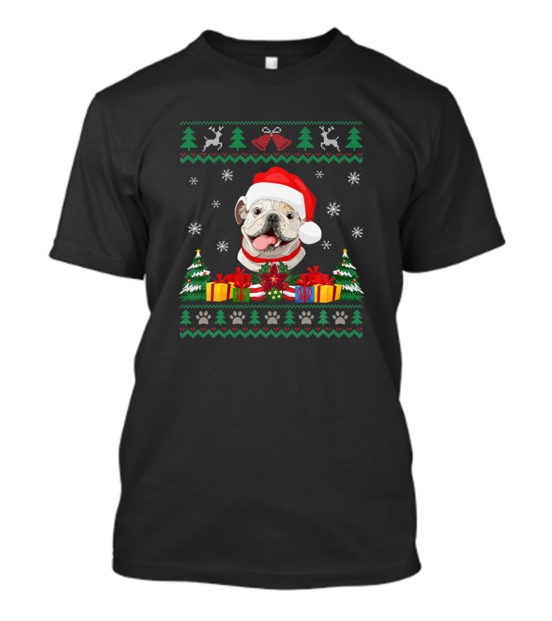 Merry Christmas English Bulldog Santa Hat Reindeer Gifts Snowflakes Paws Trees T-Shirt
