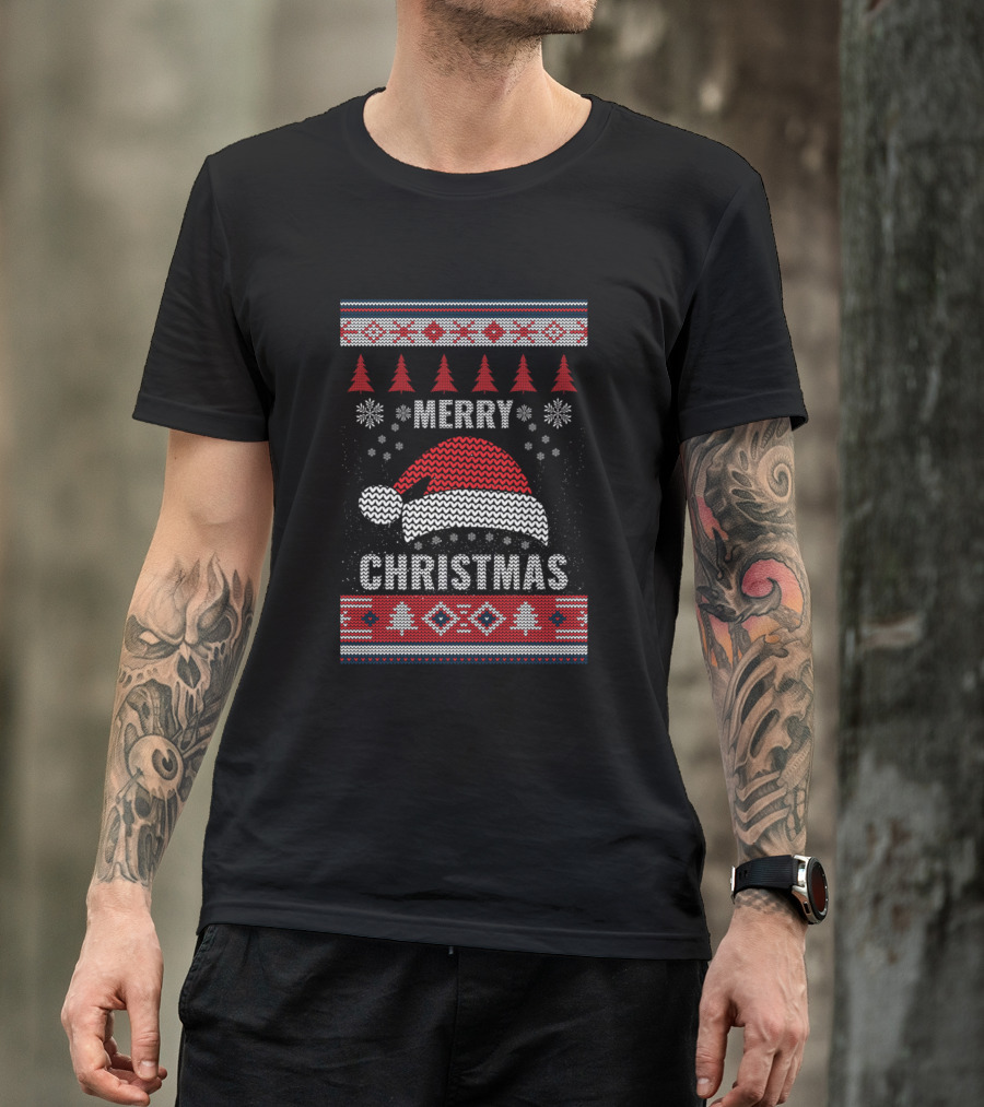 Merry Christmas Santa Hat Snowflakes Ugly T-Shirt
