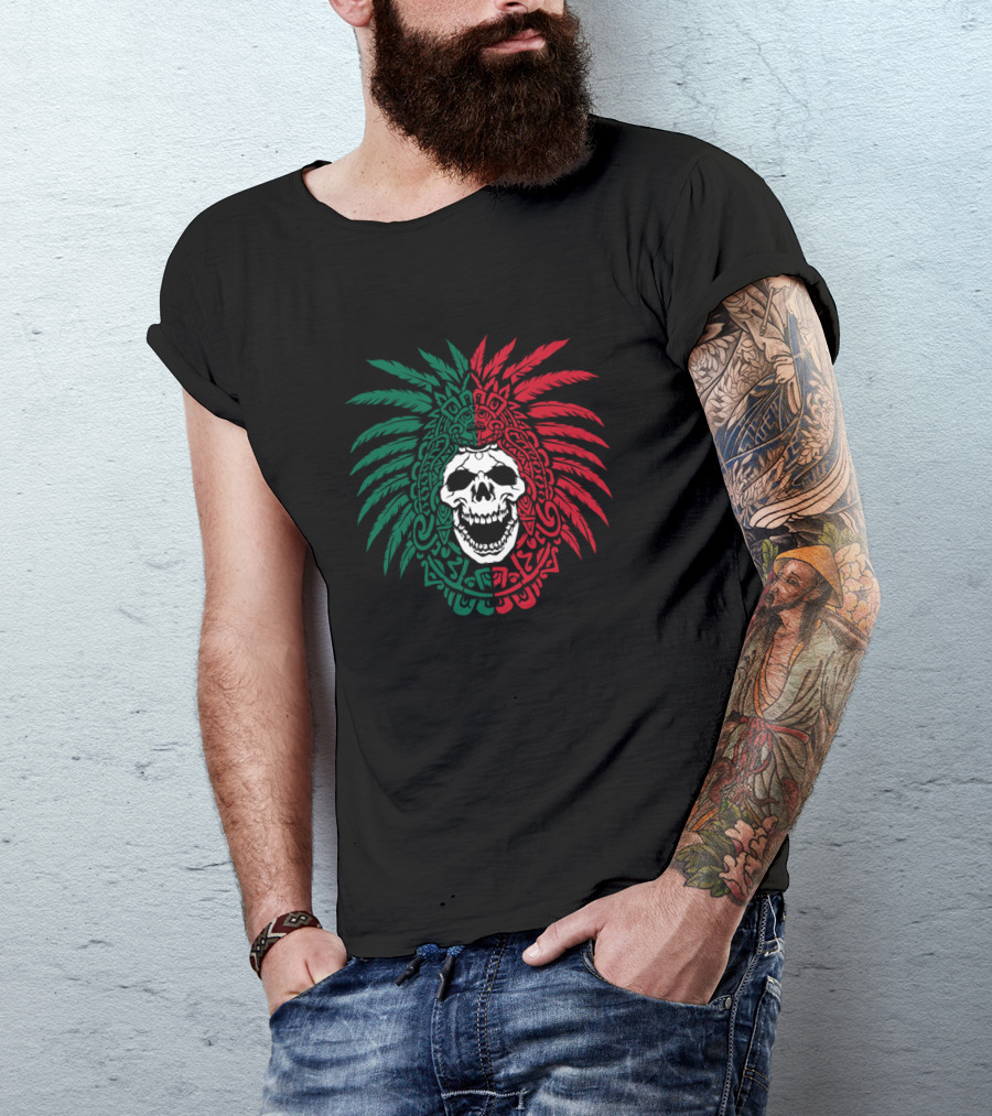 Mexico Flag Colors Aztec Warrior Skull Mexico Roots T-Shirt