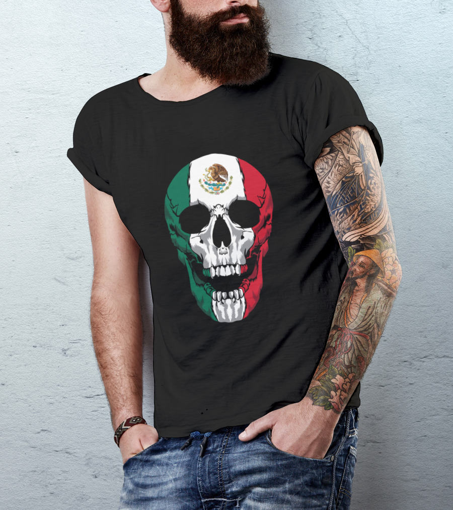 Mexico Flag Skull Mexican Roots T-Shirt