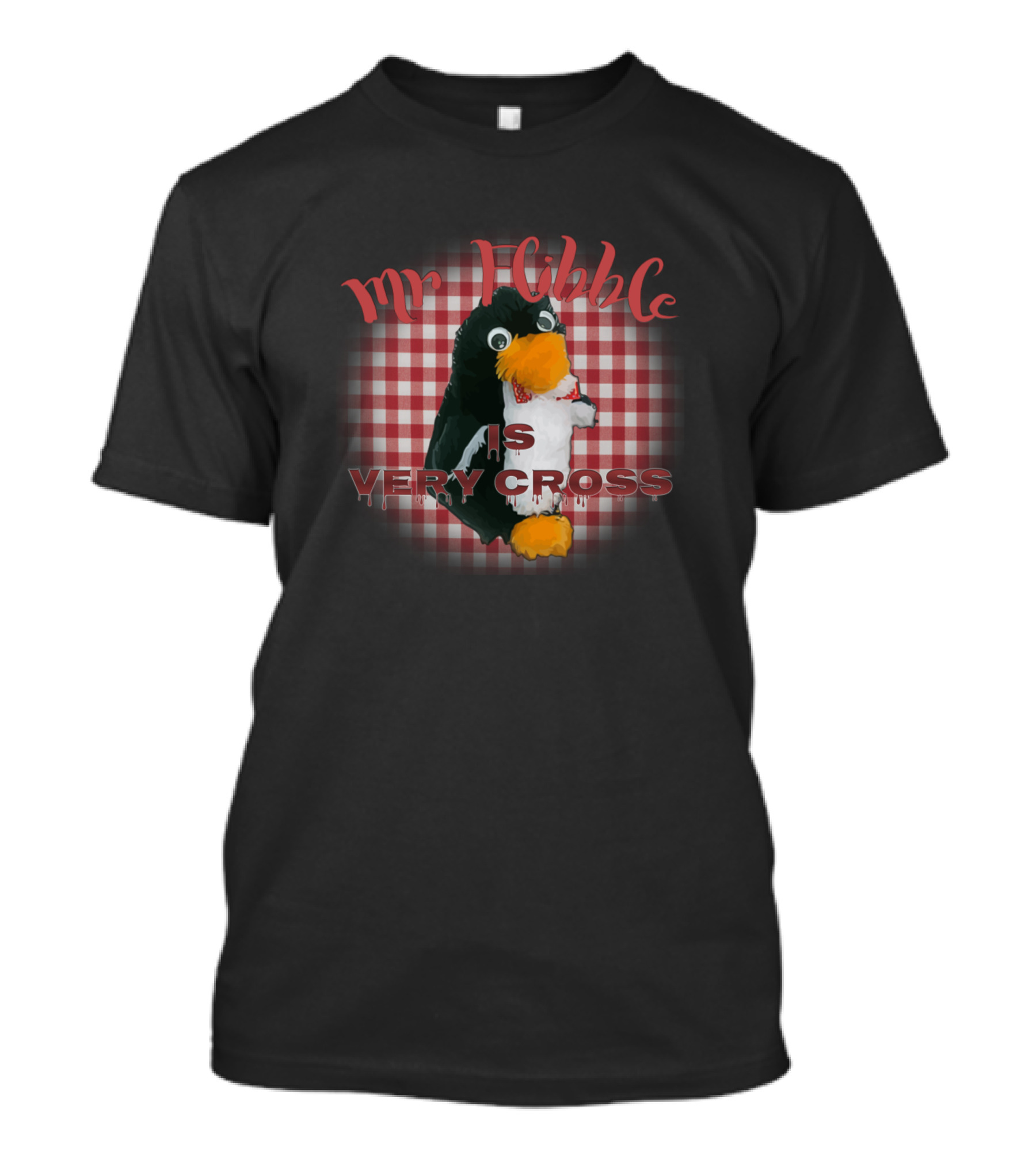 Mr Flibble Is Very Cross Penguin Puppet On Red Gingham T-Shirt