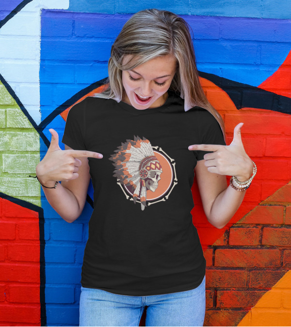 Native American Skull Tattoo Headdress Bone Circle T-Shirt