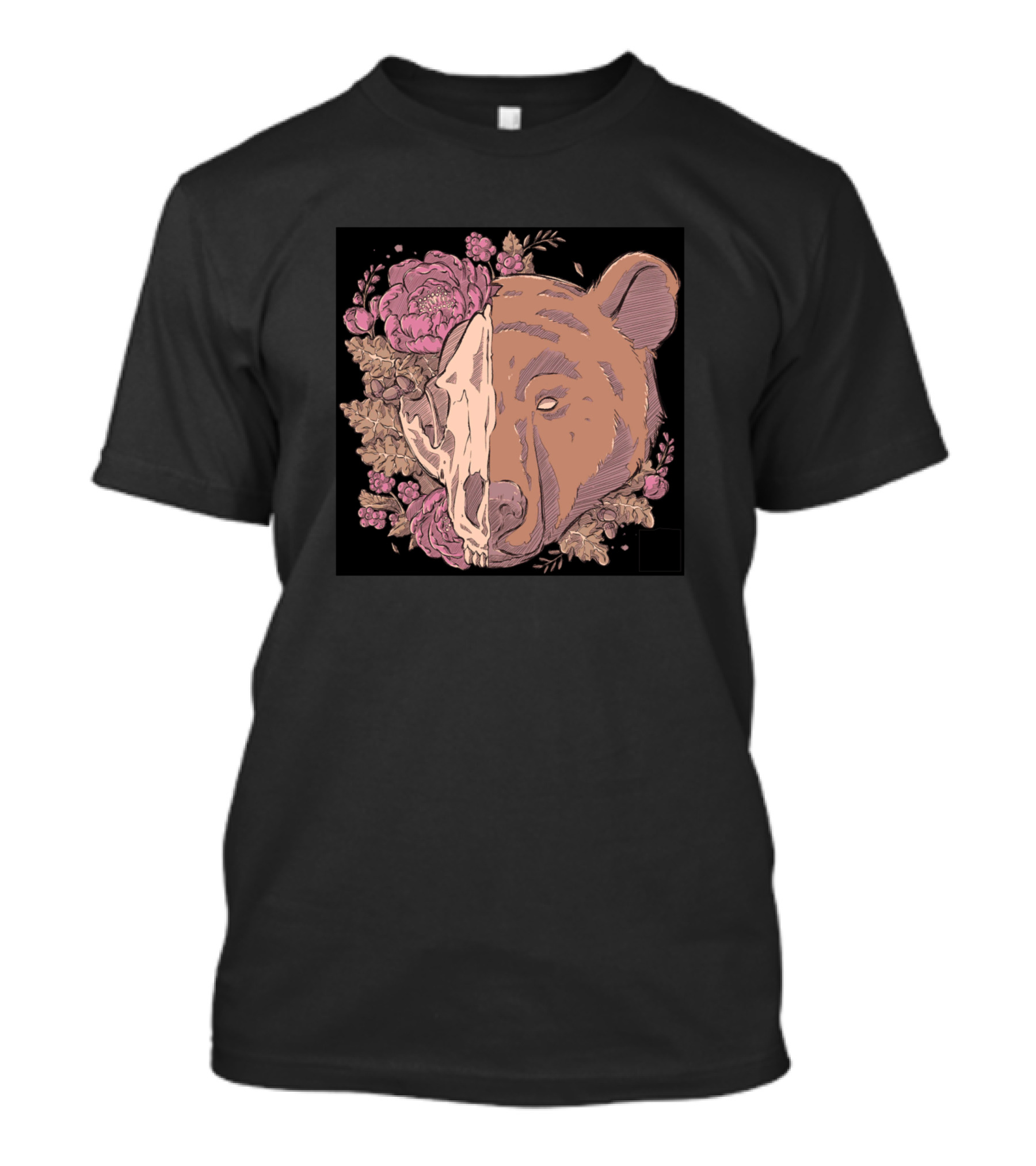 Skeleton Bear Floral Contrast Peony Skull Bear T-Shirt