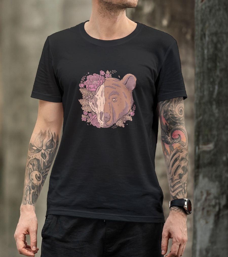 Skeleton Bear Floral Contrast Peony Skull Bear T-Shirt