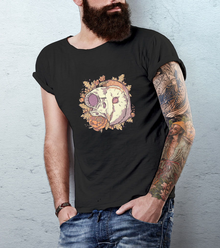Skeleton Owl Skull And Barn Owl Floral Fusion T-Shirt