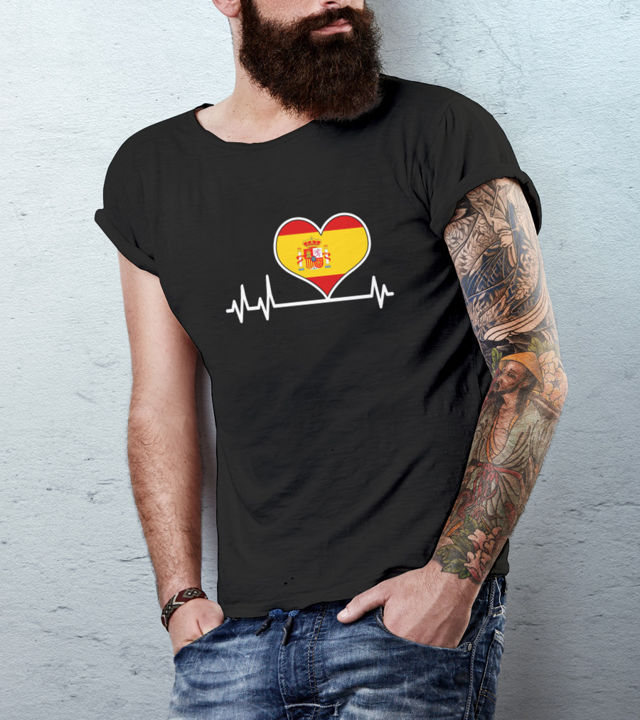Spain Flag Heart EKG Love Heartbeat T-Shirt