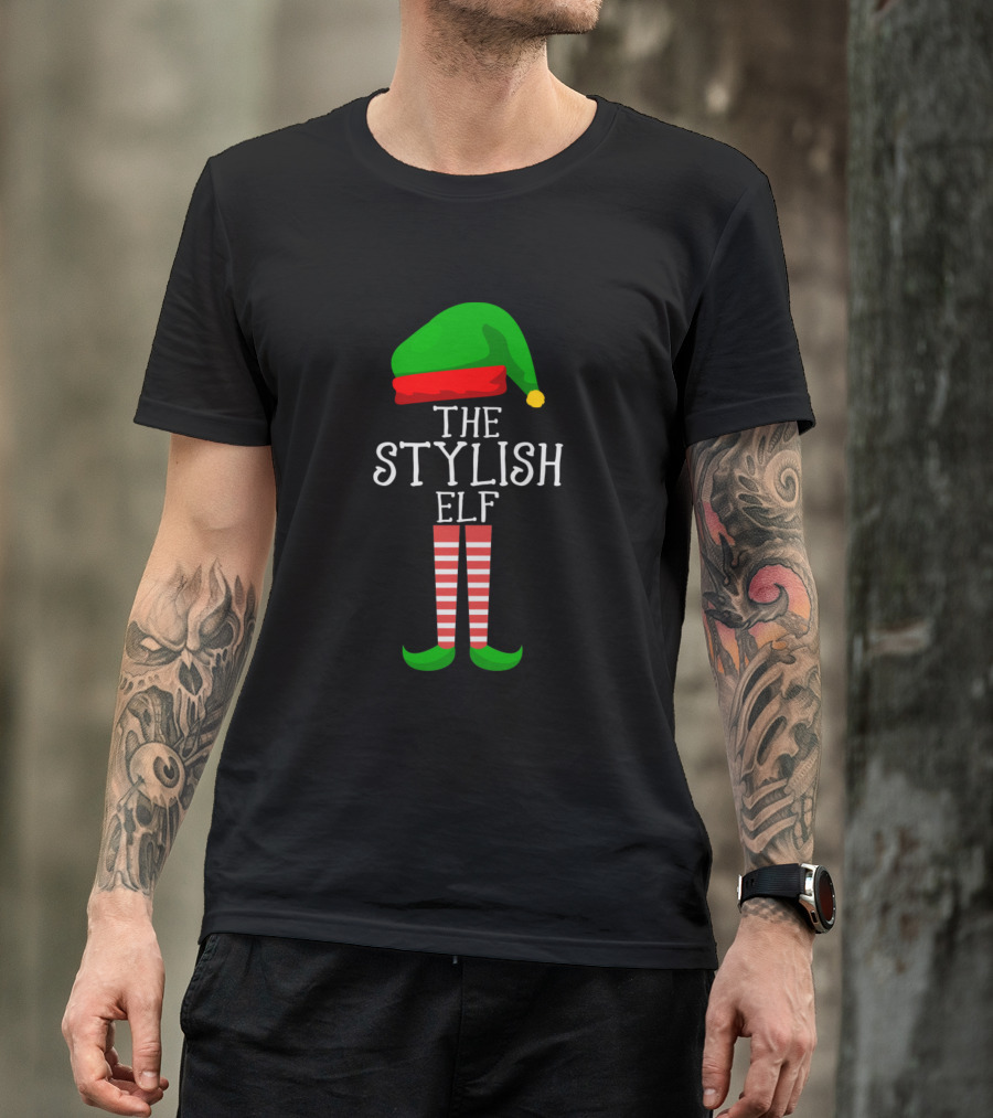 The Stylish Elf Festive Green Hat And Striped Red Socks T-Shirt