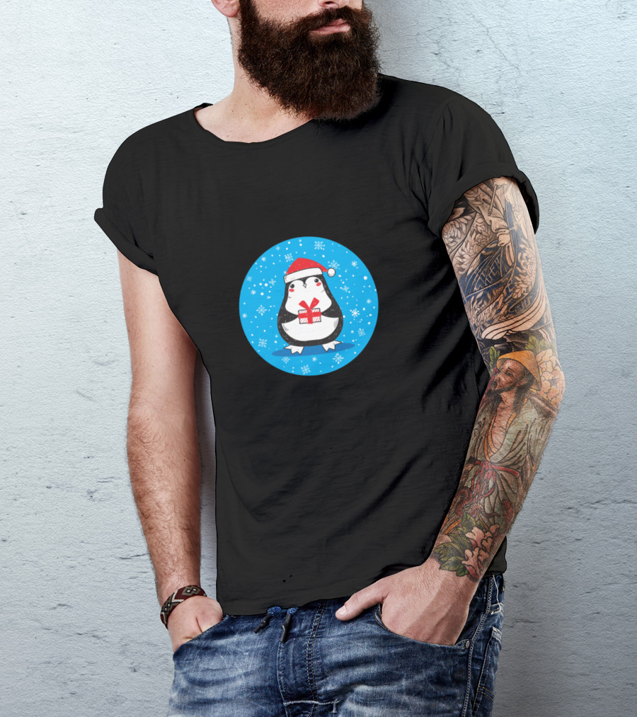 This Is My Christmas Penguin Sticker Santa Hat Snowflakes T-Shirt