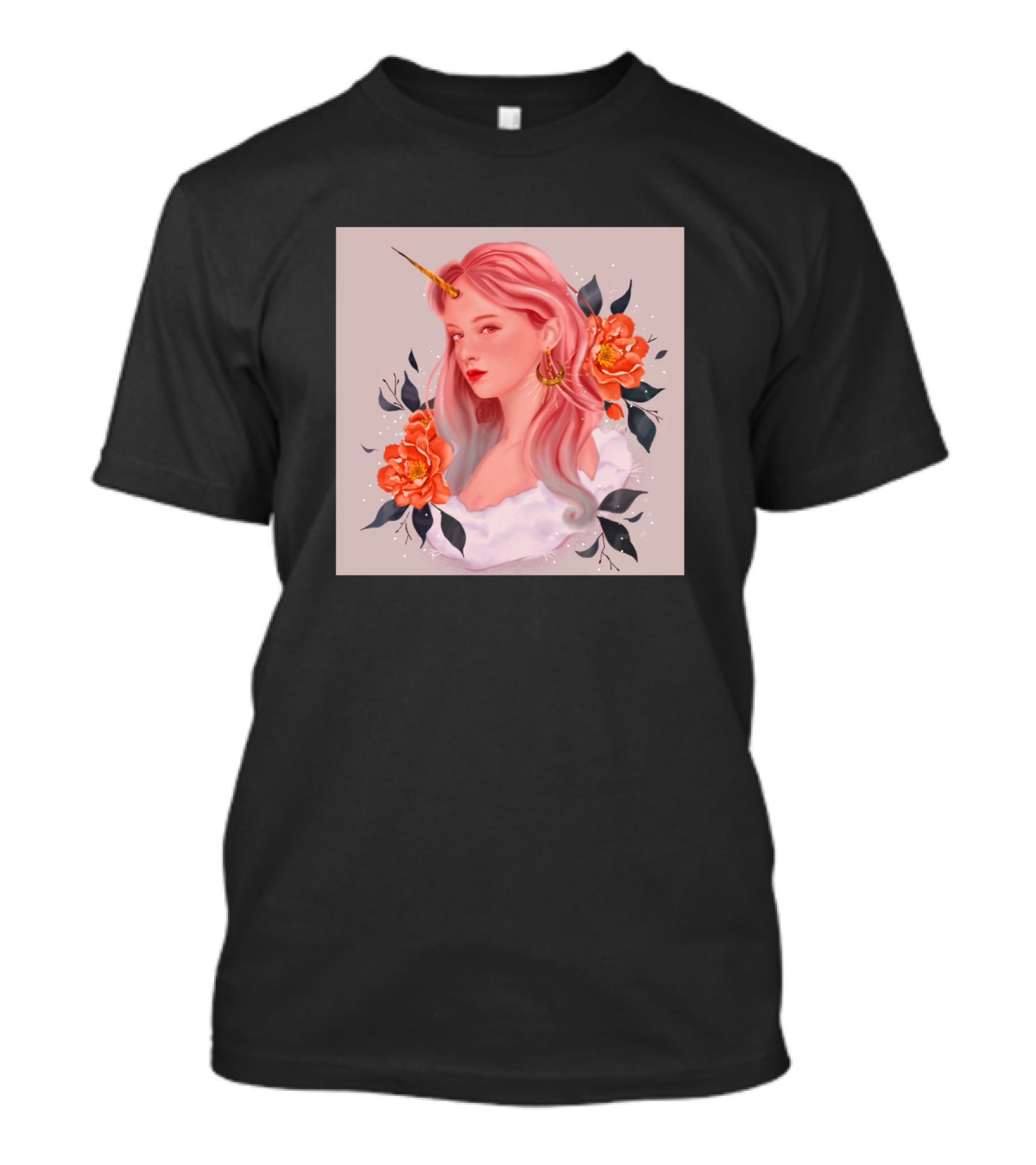 Unicorn Girl With Pink Hair And Orange Flowers T-Shirt