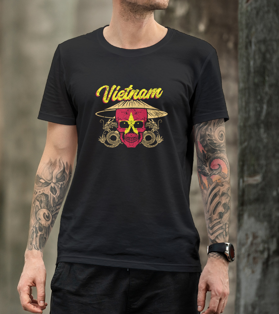 Vietnam Red Skull With Conical Hat And Dragons T-Shirt