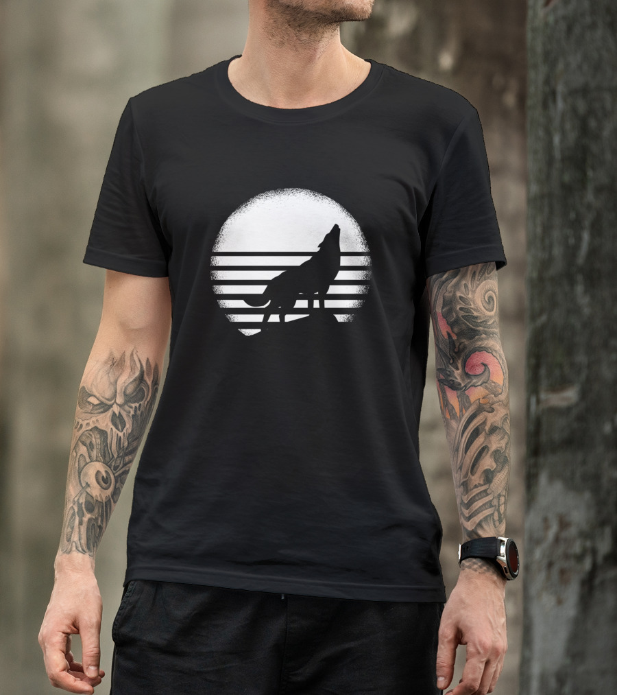 Wolfhund Howling Silhouette In Moonlit Stripes T-Shirt
