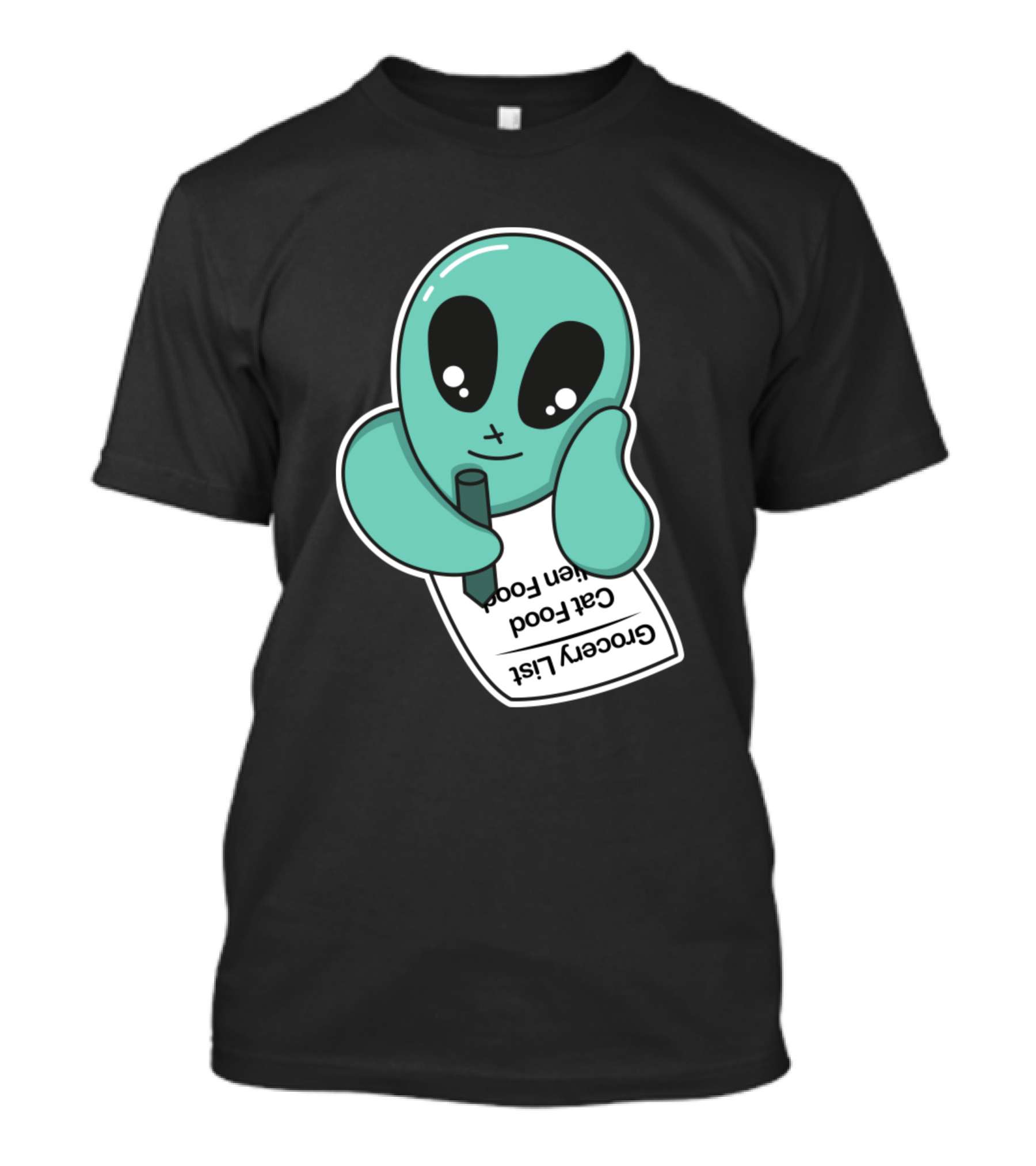 Alien Grocery List Cute Green Character With Food List And Pen T-Shirt