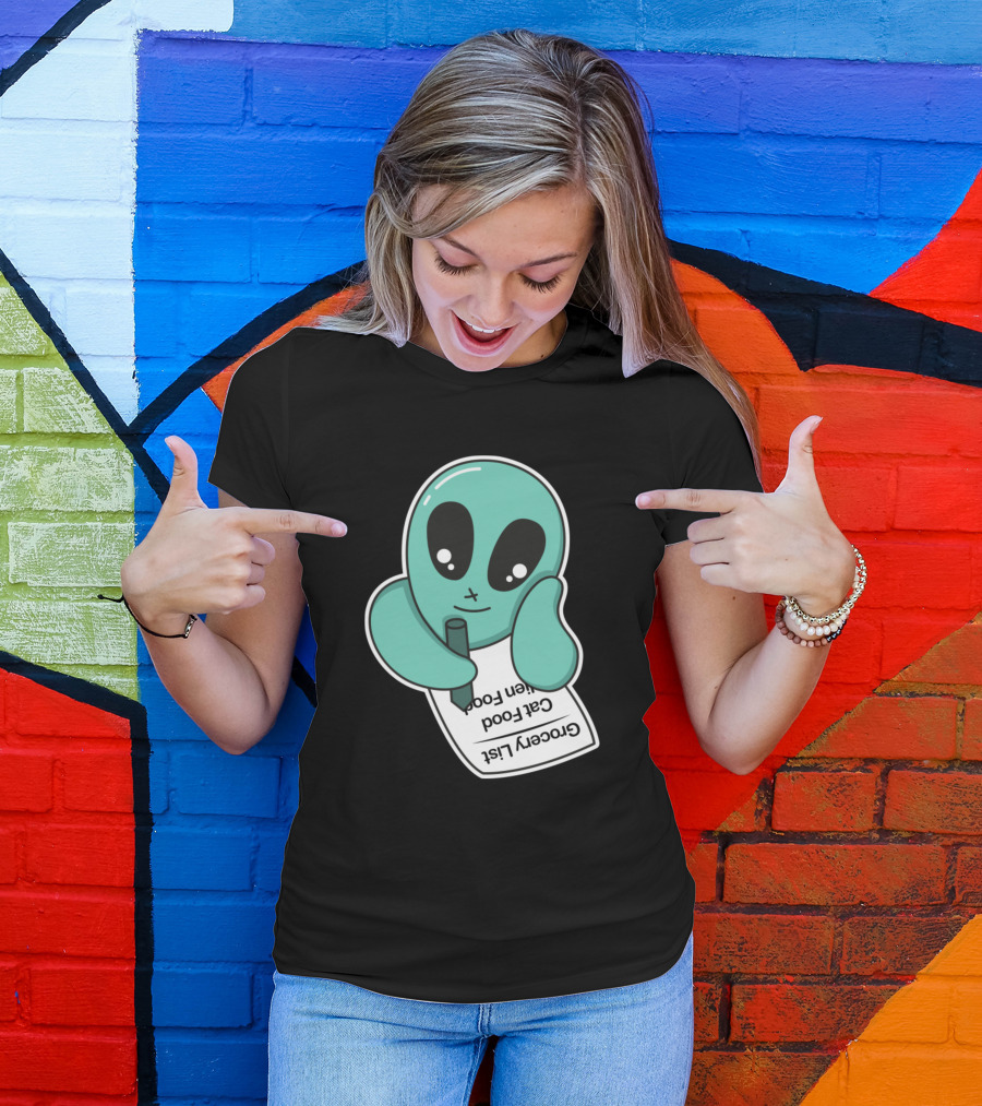 Alien Grocery List Cute Green Character With Food List And Pen T-Shirt