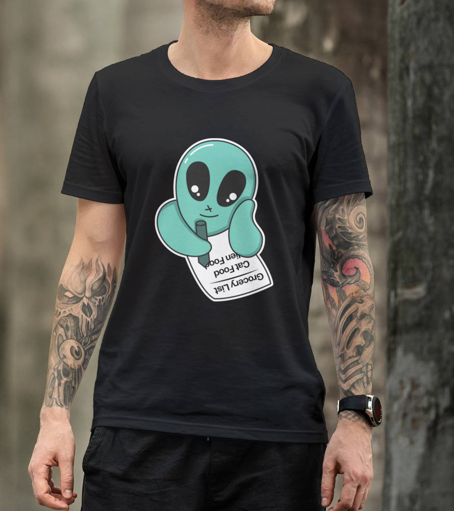 Alien Grocery List Cute Green Character With Food List And Pen T-Shirt