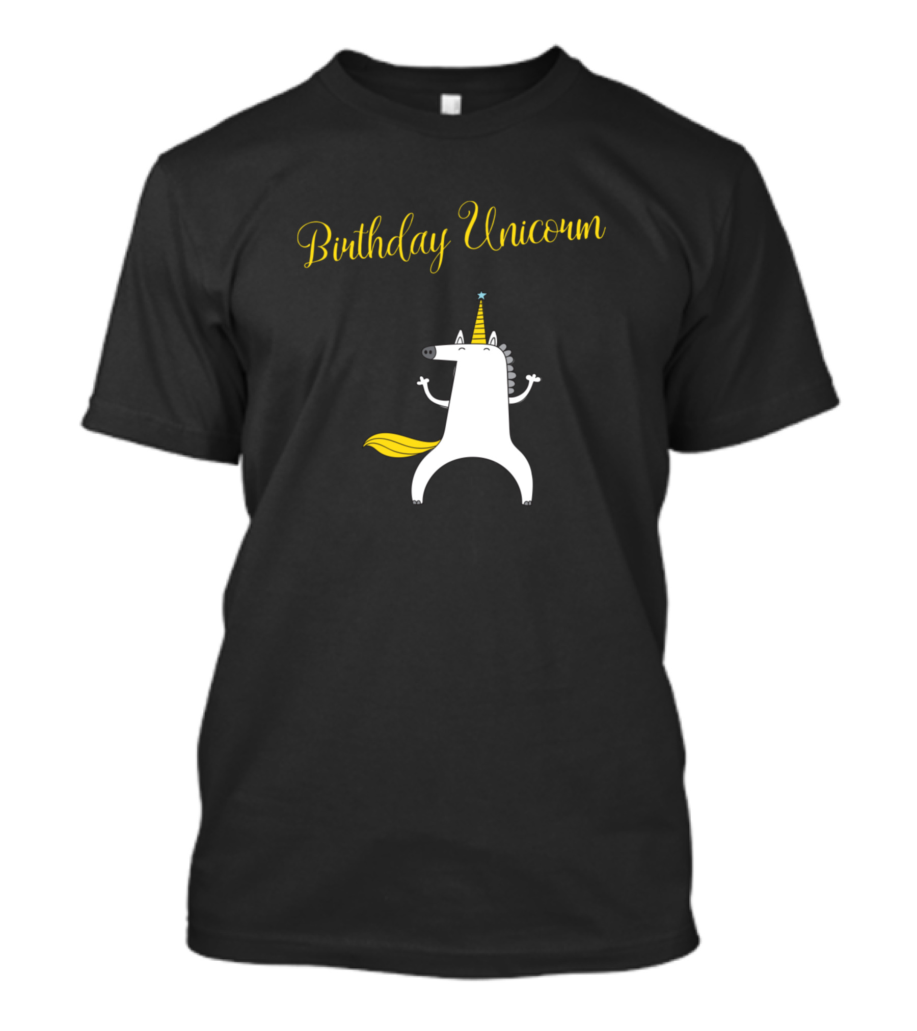 Birthday Unicorn Celebrating With Party Hat And Yellow Tail T-Shirt