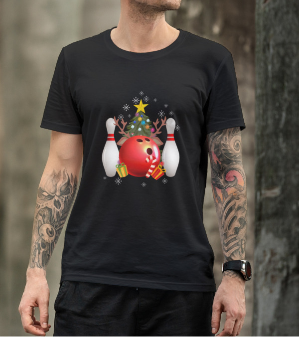 Bowling Christmas Funny Lover Reindeer Antlers Tree Candy Cane Snowflakes T-Shirt