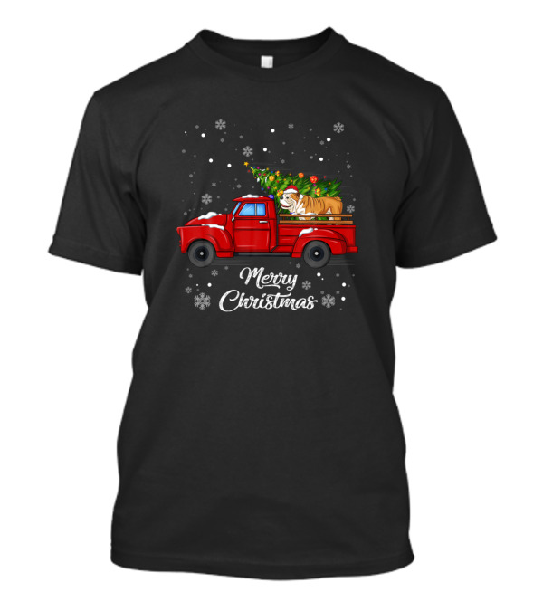Bulldog Riding Red Truck Merry Christmas X Mas Ugl Snowflakes Tree T-Shirt