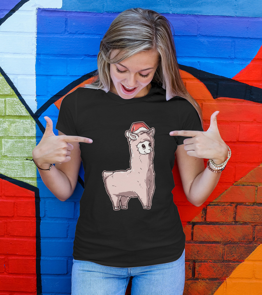 Christmas Llama With Santa Hat T-Shirt