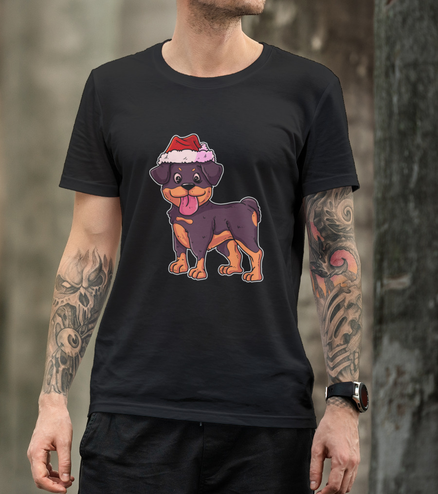 Christmas Rottweiler Santa Hat Cute Cartoon Dog T-Shirt