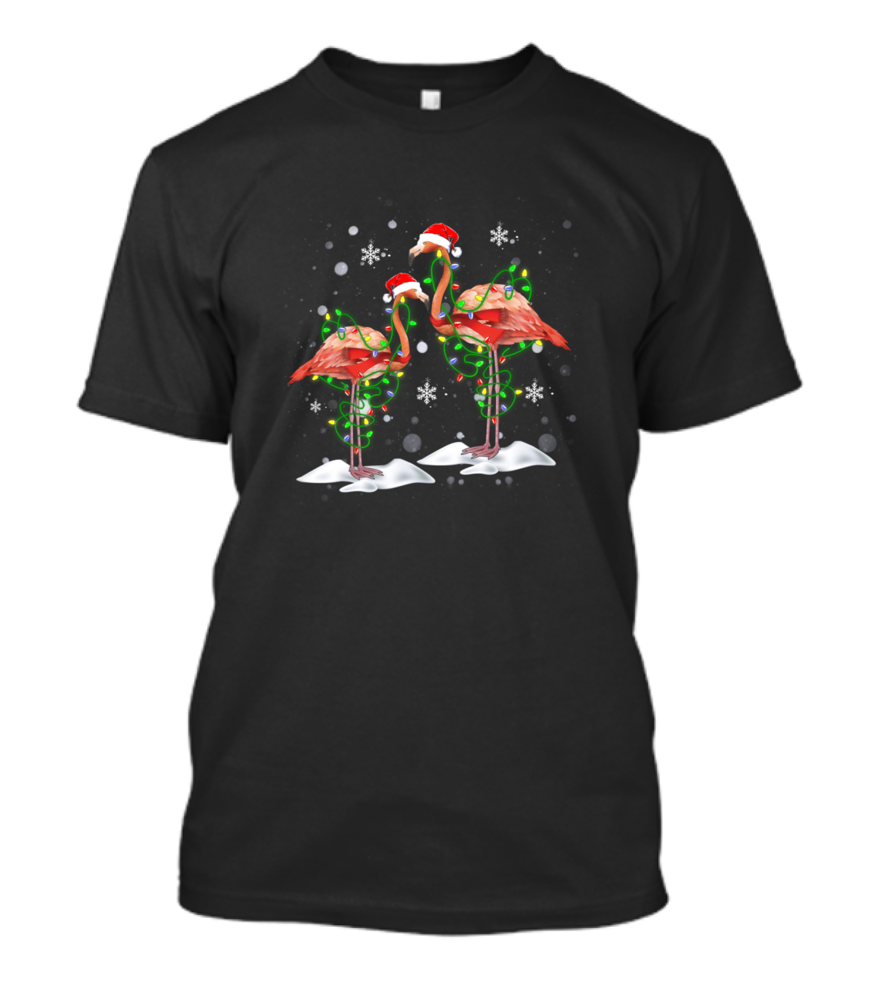 Flamingo Christmas Santa Hat Xmas Lights Snowflakes T-Shirt