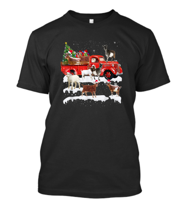 Merry Xmas Goat Riding Red Truck With Christmas Tree And Festive Cheer T-Shirt