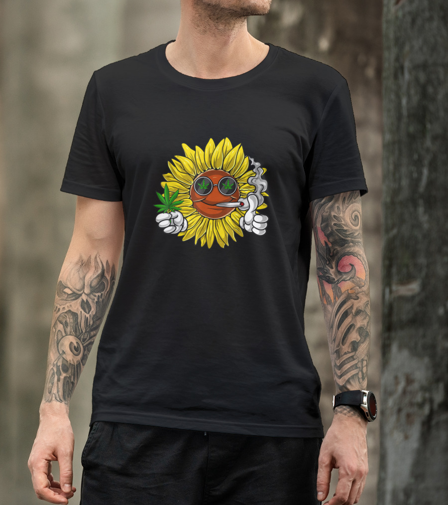 Hippie Sunflower Smoking Cannabis Leaf Sunglasses T-Shirt