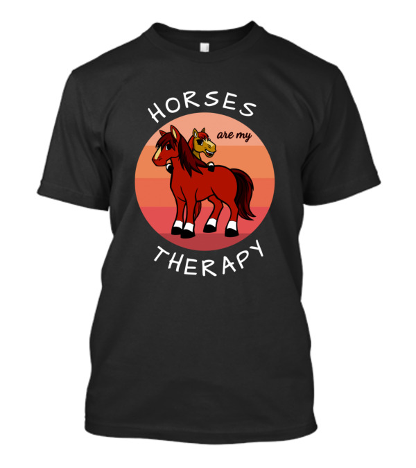 HORSES ARE MY THERAPY Red And Orange Sunset Circle With Two Horses Embrace T-Shirt