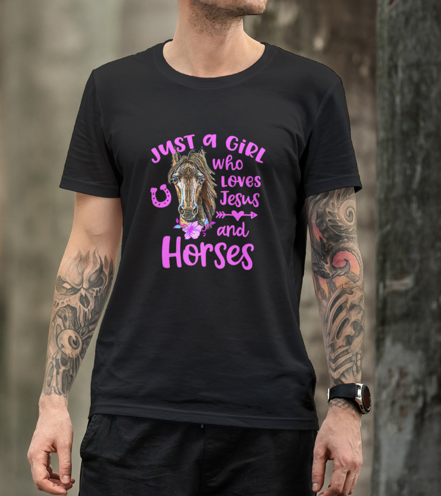 Just A Girl Who Loves Jesus And Horses Horse Girl Horse Lover Arrow Heart T-Shirt