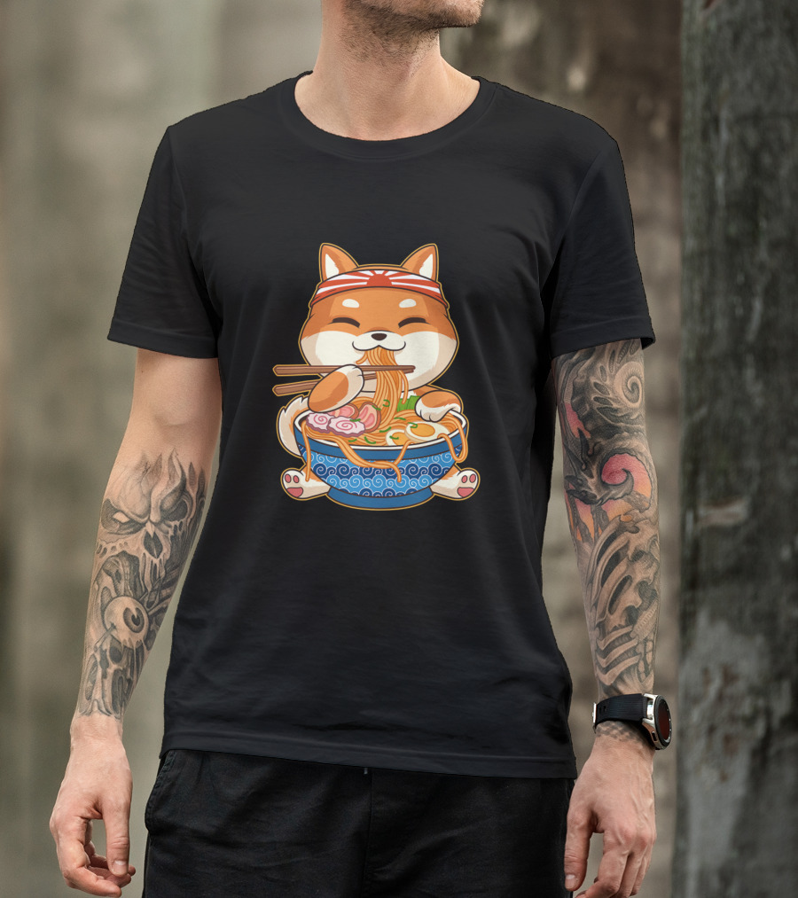 Kawaii Cute Anime Shiba Inu Dog Eating Ramen Otaku Japanese T-Shirt