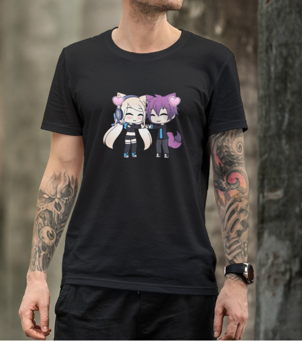 Cute Chibi Kawaii Anime Girl And Boy Couple With Heart Ears T-Shirt