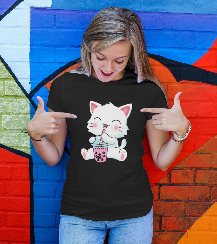 Kawaii Anime Cat Enjoying Bubble Tea Boba Milk Drink T-Shirt