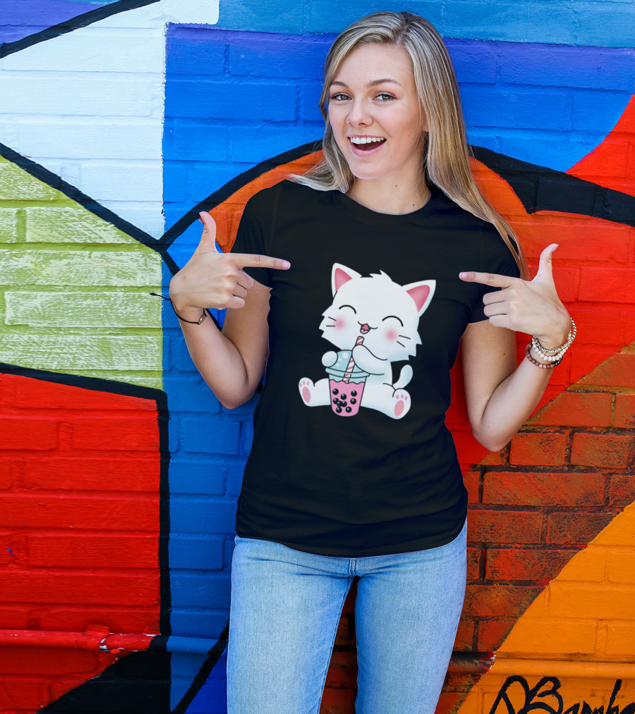 Kawaii Anime Cat Enjoying Bubble Tea Boba Milk Drink T-Shirt