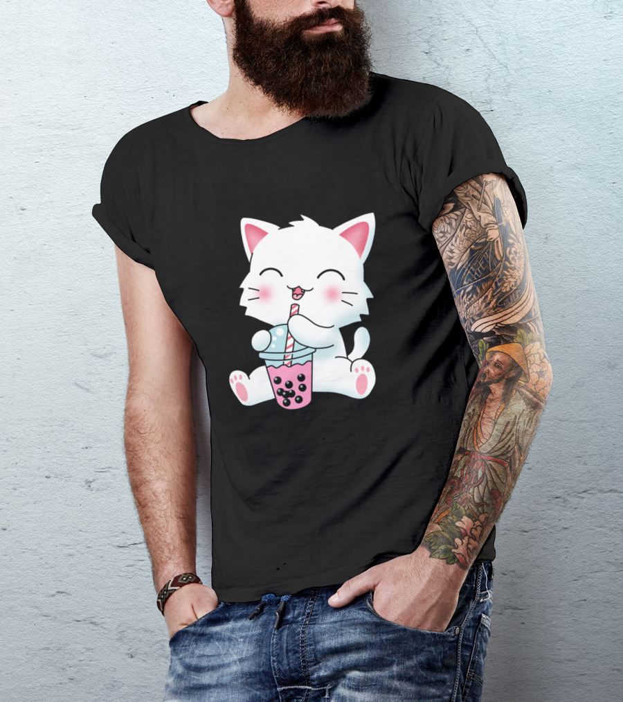 Kawaii Anime Cat Enjoying Bubble Tea Boba Milk Drink T-Shirt