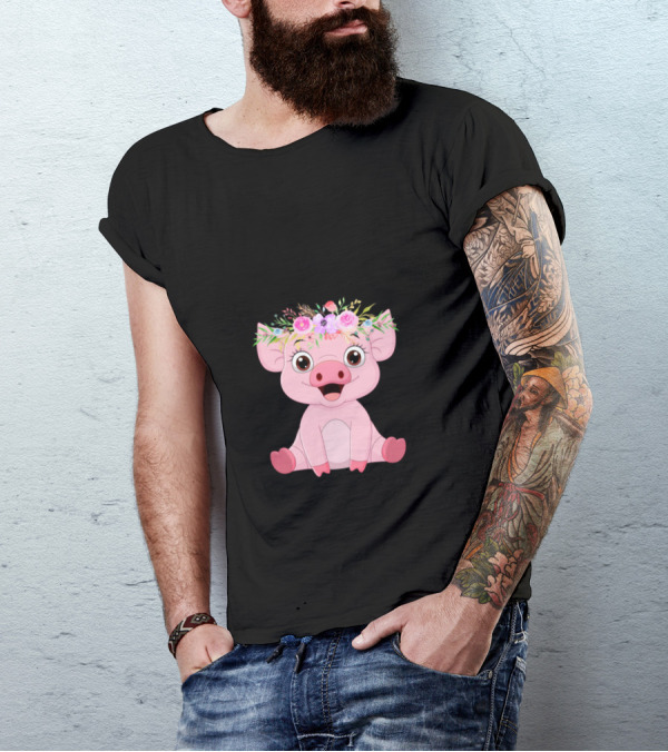 Oink Cute Little Pig With A Floral Crown T-Shirt