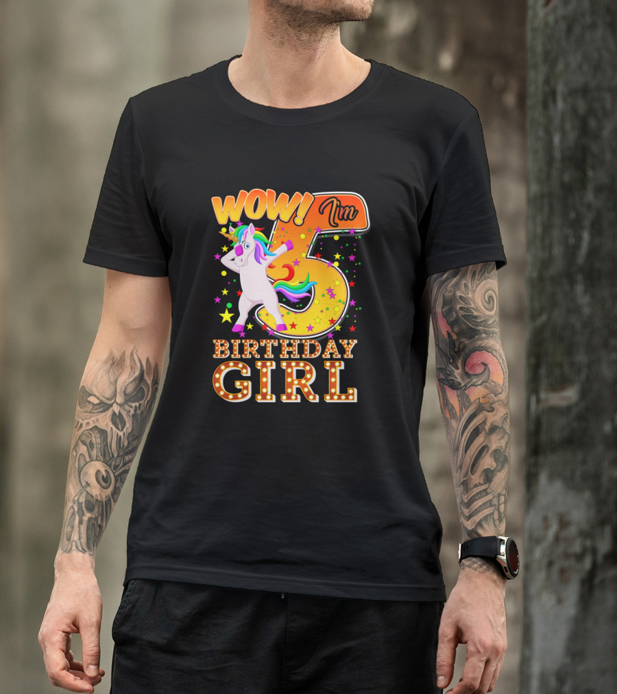 Wow I'm 5 Birthday Girl Unicorn Rainbow Stars T-Shirt