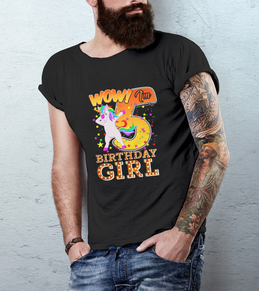 Wow I'm 5 Birthday Girl Unicorn Rainbow Stars T-Shirt