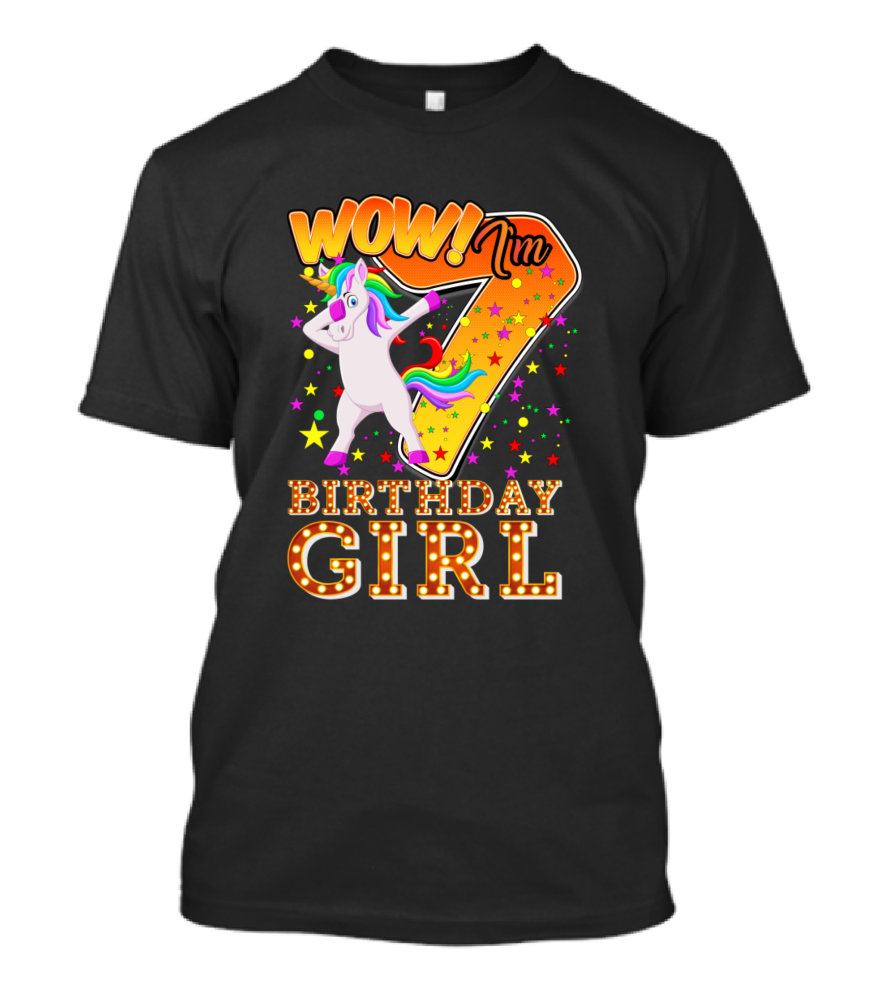 WOW I'm 7 Birthday Girl Unicorn Celebration Stars T-Shirt