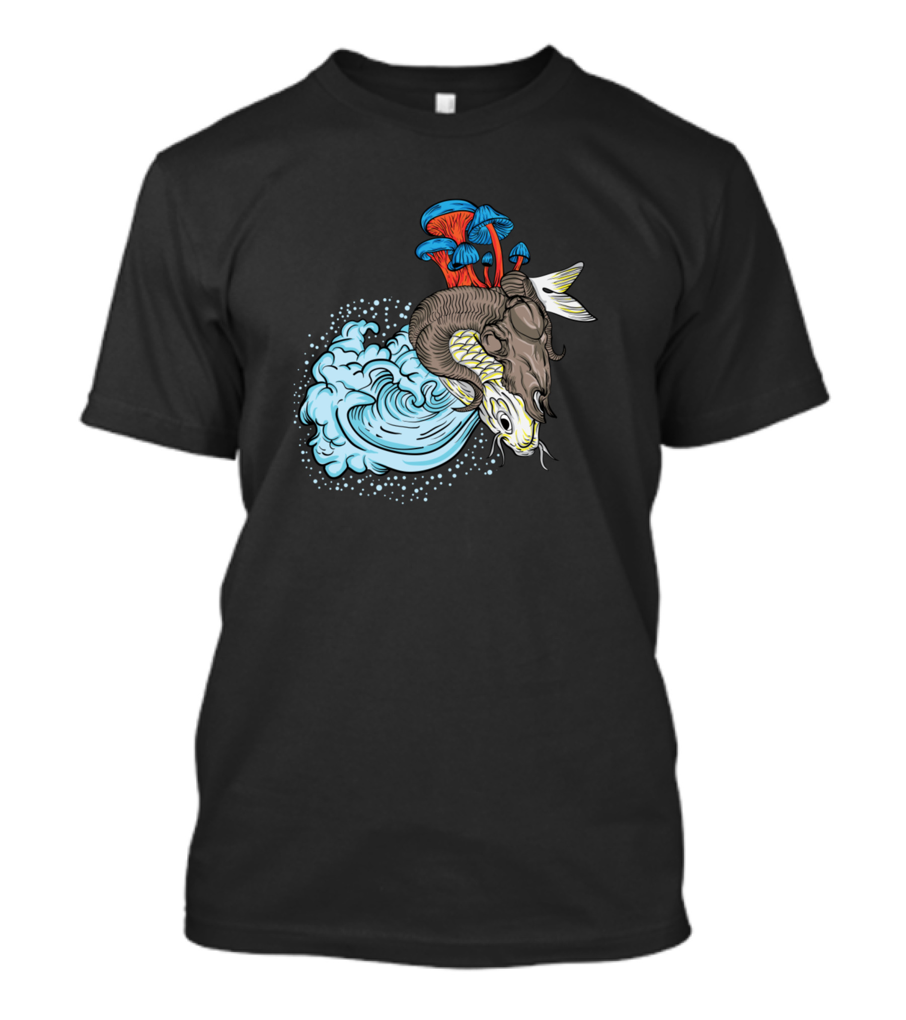 Koi Fish Goat Waves Red And Blue Mushrooms T-Shirt