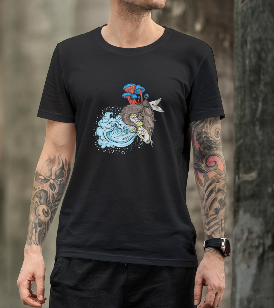 Koi Fish Goat Waves Red And Blue Mushrooms T-Shirt