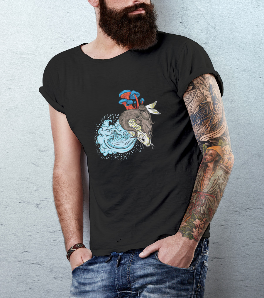 Koi Fish Goat Waves Red And Blue Mushrooms T-Shirt