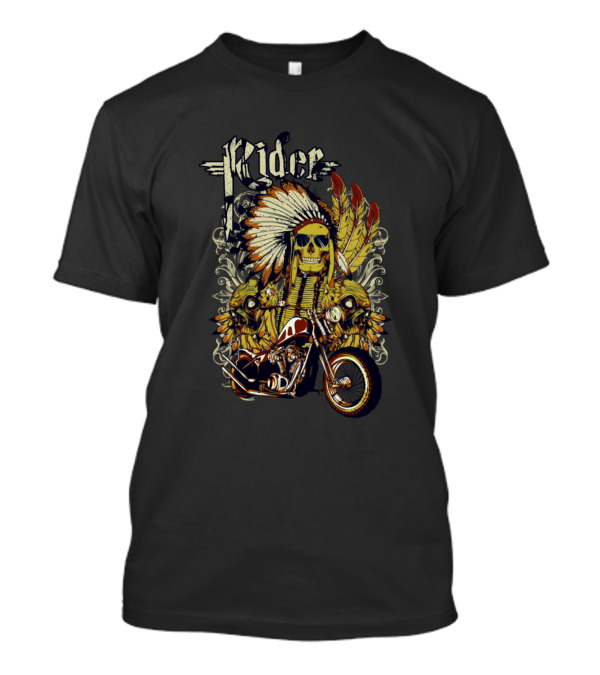 Rider Native Skull Motorcycle With Feathered Headdress T-Shirt