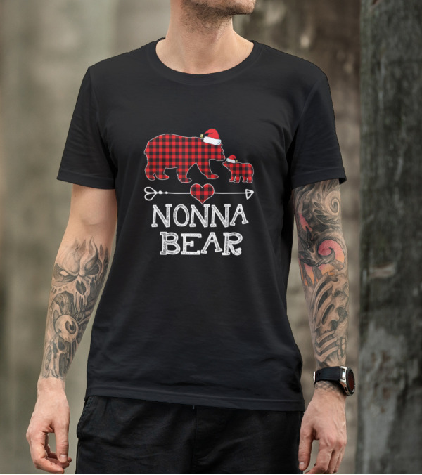 Nonna Bear Christmas Red Plaid Buffalo Santa Hat Heart Arrow T-Shirt