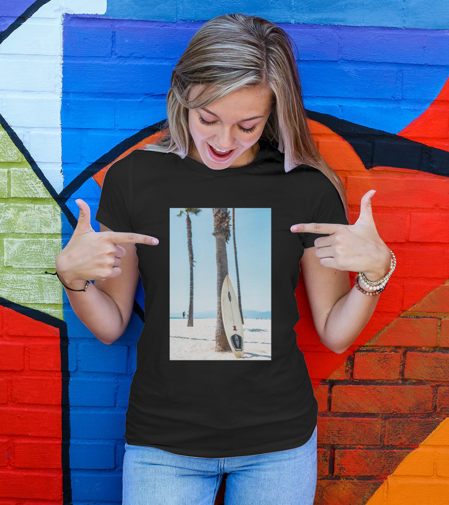 Surfboard Leaning Against Palm Tree On Sunny Beach Scene T-Shirt