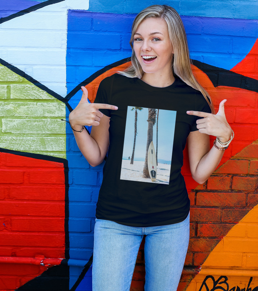 Surfboard Leaning Against Palm Tree On Sunny Beach Scene T-Shirt