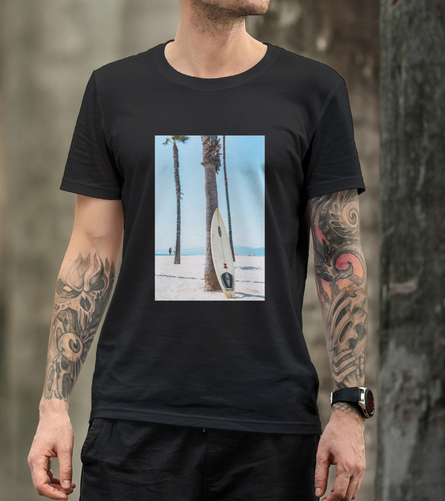 Surfboard Leaning Against Palm Tree On Sunny Beach Scene T-Shirt