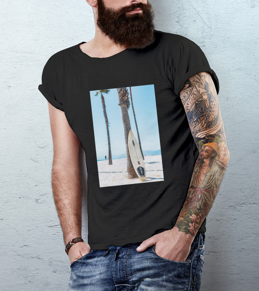 Surfboard Leaning Against Palm Tree On Sunny Beach Scene T-Shirt