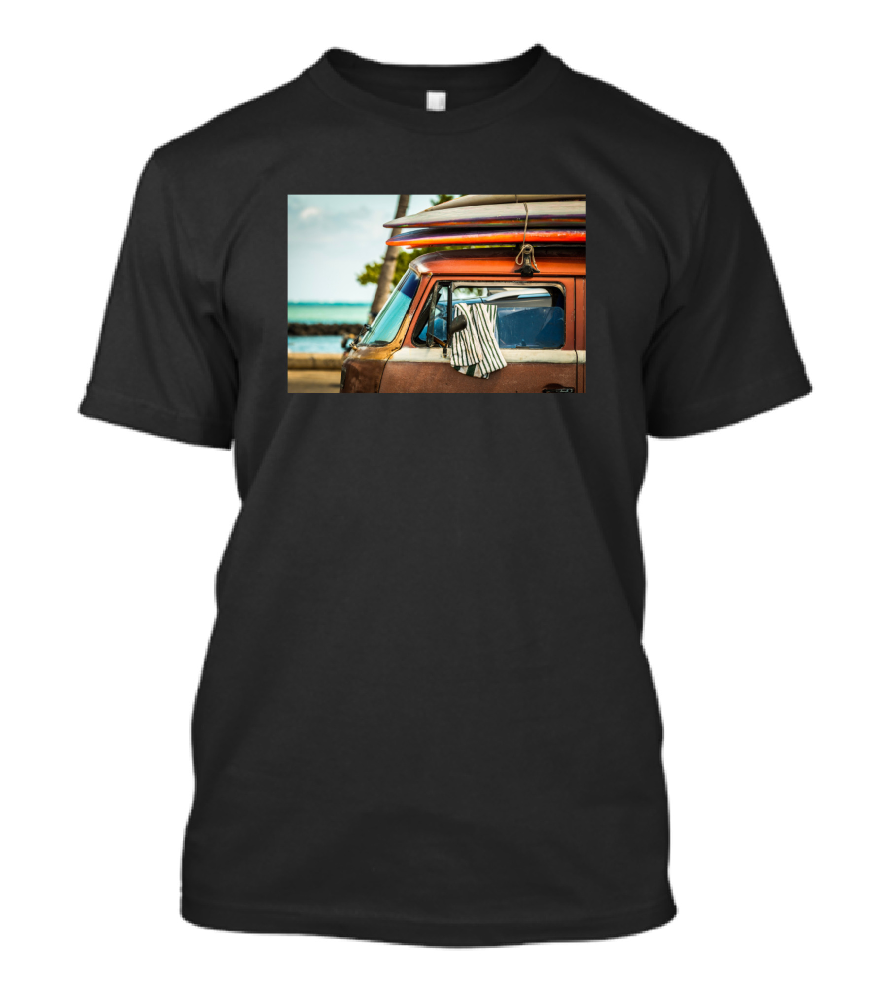 Surfer Van With Surfboards By The Ocean In Hawaii United States T-Shirt