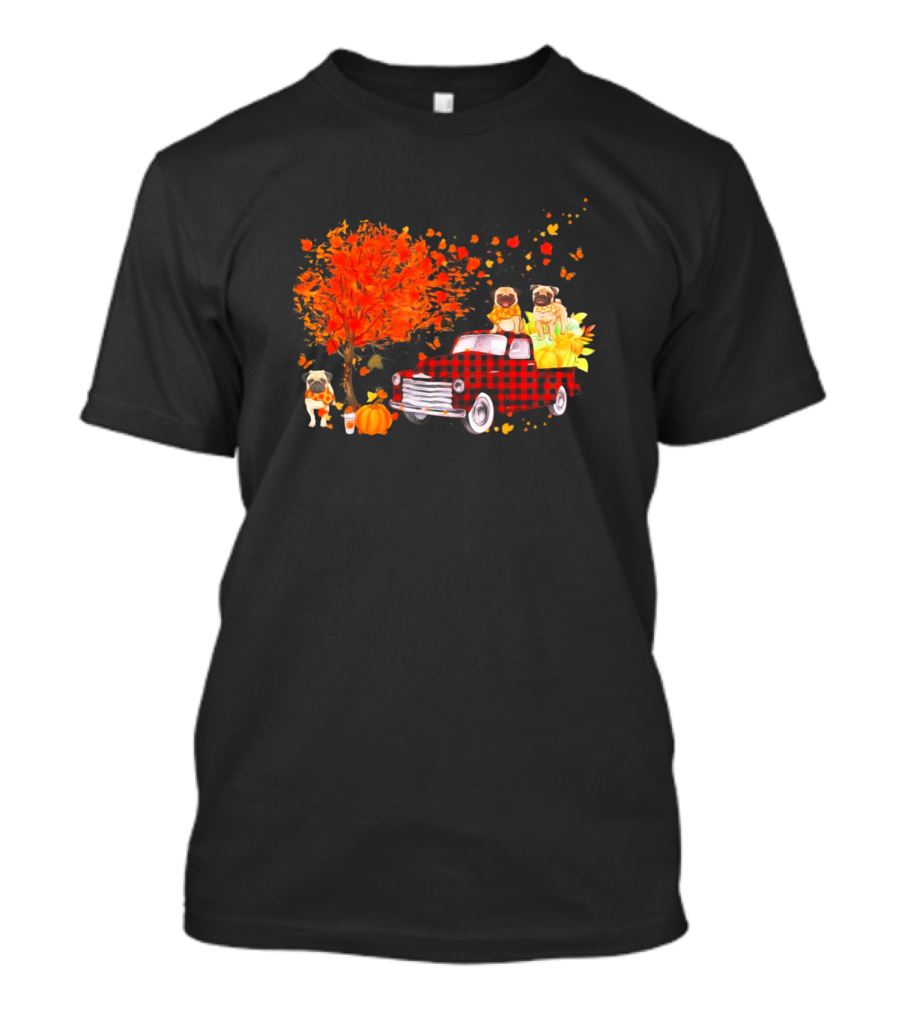 Pug Autumn Plaid Truck With Pumpkins And Falling Leaves T-Shirt